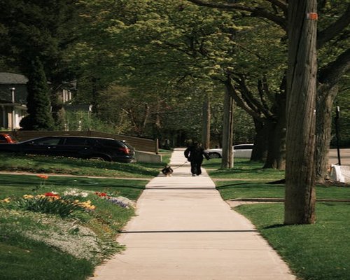 A person walking casually down a quiet neighborhood street